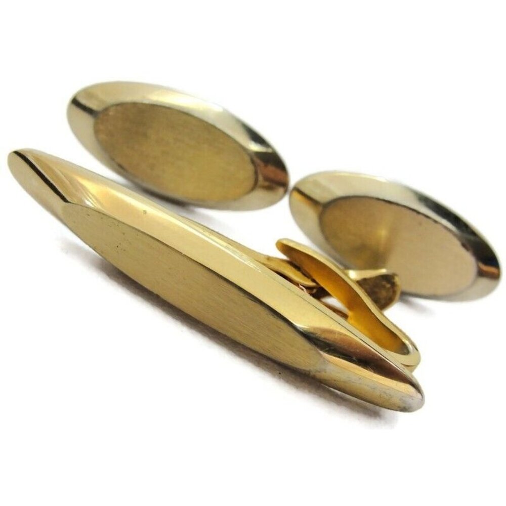 Oval Eye Shaped Neck Tie Clip & Cufflink Set Gold Tone Shirt Accessories Vintage